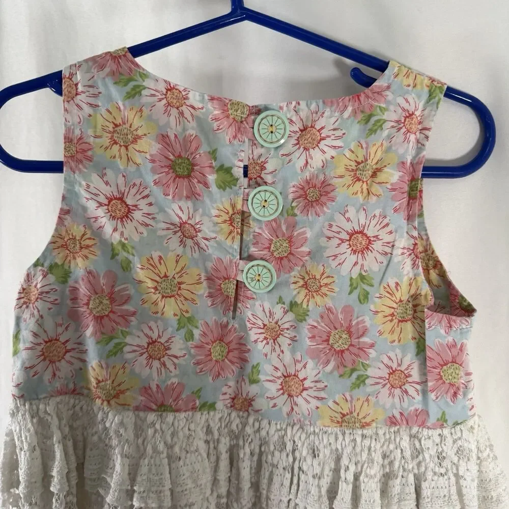 Matilda Jane Dress Girls 4 Blue Pink Floral Lace Sleeveless Pullover